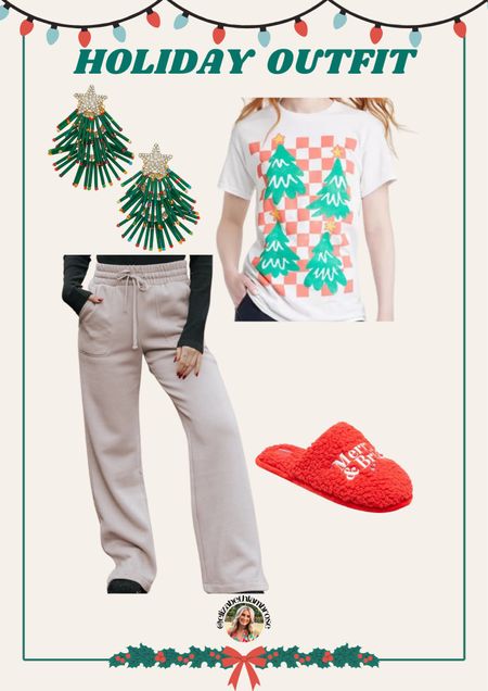 cozy holiday outfit!!
love this since it’s more casual for lounging around the house on christmas!

#holidayoutfit #cozy #graphictee #lounge #slippers #earrings 

#LTKHoliday #LTKhome #LTKSeasonal