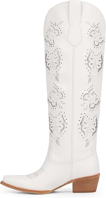 Cowboy Boots for Women Rhinestone Butterfly Embroidered Cowgirl Boots Chunky Heel Slip On Knee Hi... | Amazon (US)