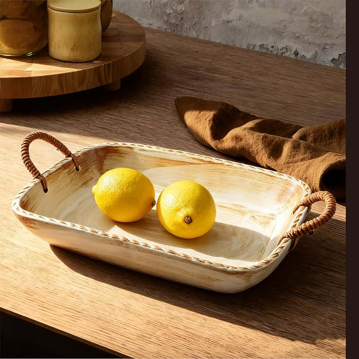 SEICASAYA 25cm Large Ceramic Fruit Bowl with Woven Rope Handles, Decorative Storage Tray (White) ... | Amazon (CA)