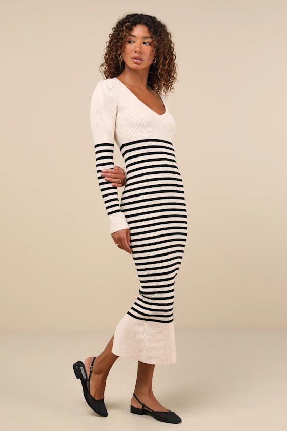 Upgraded Comfort Cream and Black Striped Midi Sweater Dress | Lulus