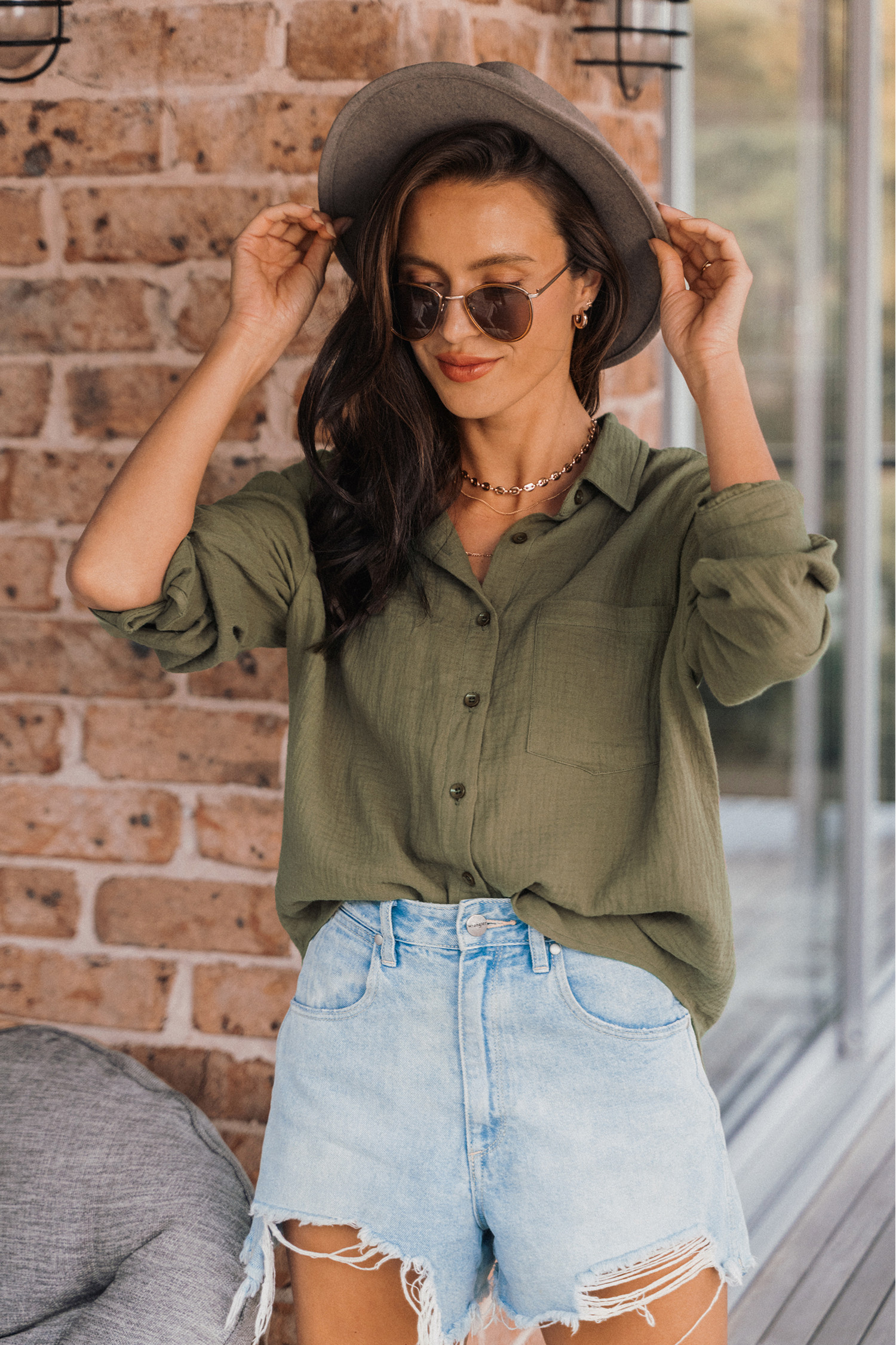 Olive Green Gauze Button-Front Shirt | Cupshe US