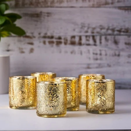 Efavormart 6 Pack Antique Gold Mercury Glass Candle Holders Votive Tealight Holders With Palm Leaf D | Walmart (US)