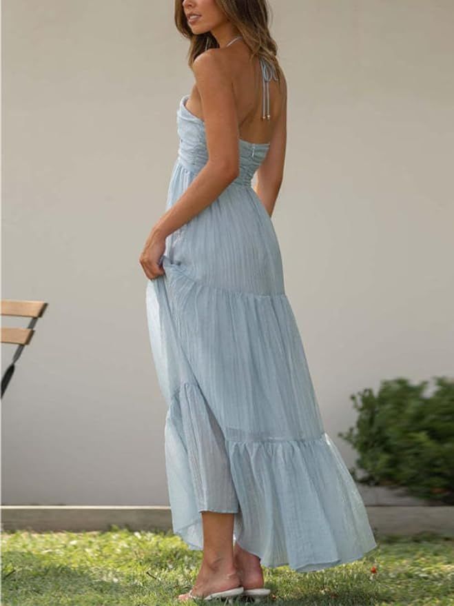 HOULENGS Women's Summer Sleeveless Halter Neck Boho Long Dress Backless Ruffle Hem Tiered Flowy M... | Amazon (US)