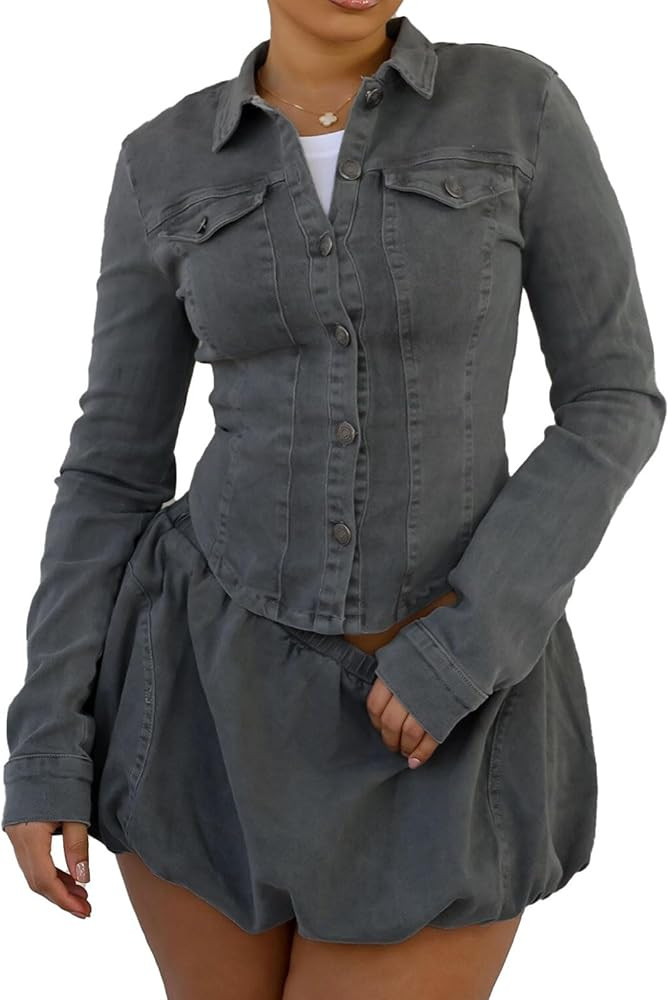 2 Piece Denim Outfits for Women Long Sleeve Button Down Cropped Jacket Bubble Jean Mini Skirt Set | Amazon (US)