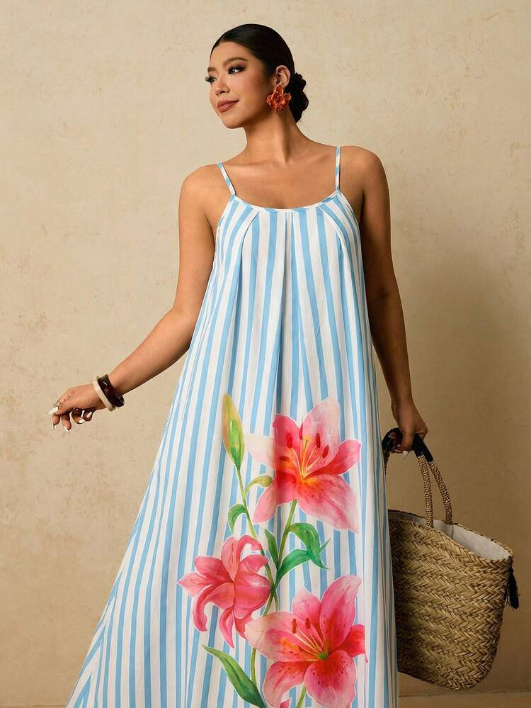Travachic Plus Size Women's Blue White Striped Tropical Floral Print Dress, Sleeveless Loose Fit ... | SHEIN