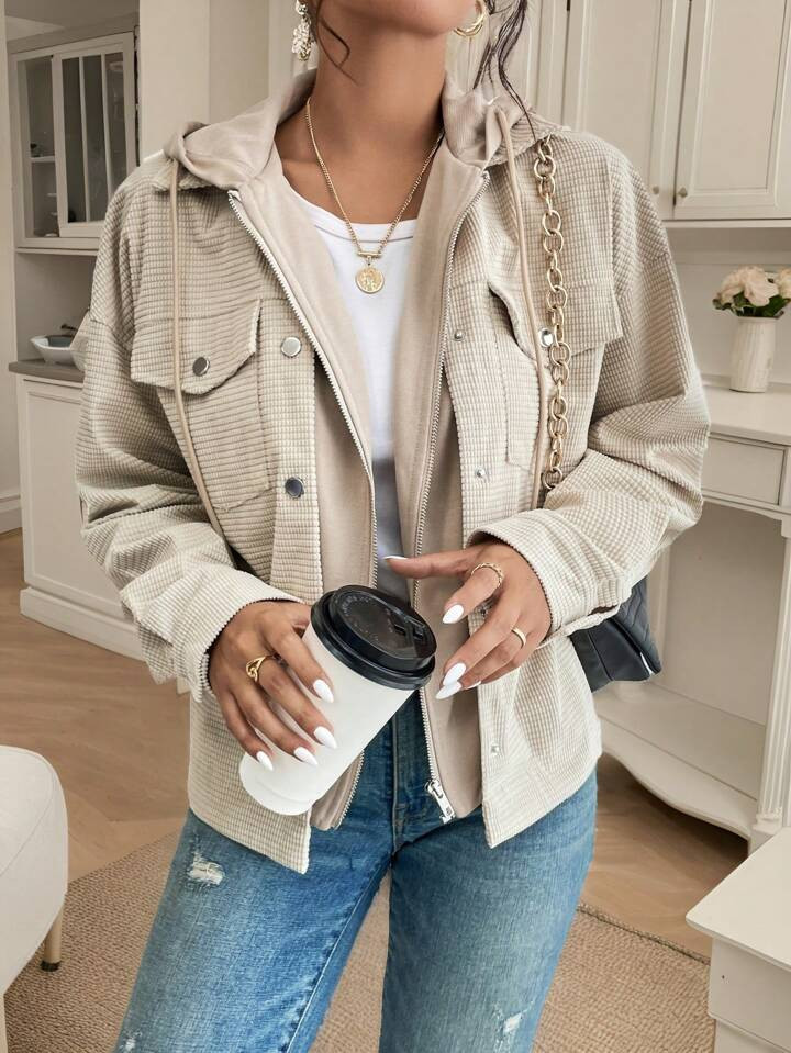 SHEIN Frenchy Flap Pocket Drop Shoulder Drawstring Hooded Earthy Clothes Airport Outfit Jacket | SHEIN