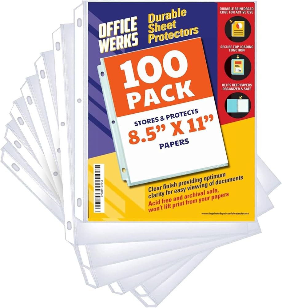 Office Werks 100 Clear Sheet Protectors, 8.5x11 Inch for 3 Ring Binder, Plastic Sheet Sleeves, To... | Amazon (US)