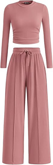 PRETTYGARDEN Women's 2 Piece Loungewear Long Sleeve Crop Top Wide Leg Palazzo Pants Set Tracksuit... | Amazon (US)