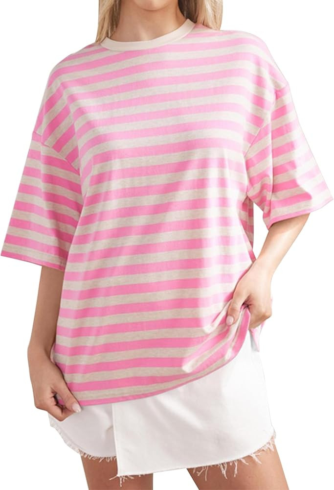 Women Striped Oversized T-Shirts Short Sleeve Crew Neck Summer Tee Shirt Casual Loose Tee Tops | Amazon (US)
