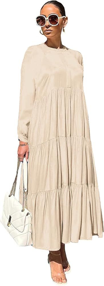 Women’s Casual Pleated Long Sleeve Flowy Ruffle Loose Tiered Long Maxi Dress | Amazon (US)