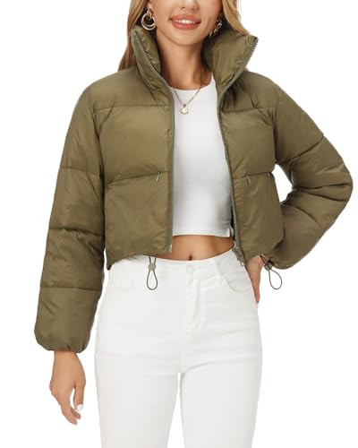 Fuinloth Women's Puffer Jacket, High Stand Collar Zip Pocket Crop Long Sleeve Coat Army Green X-Small | Amazon (US)