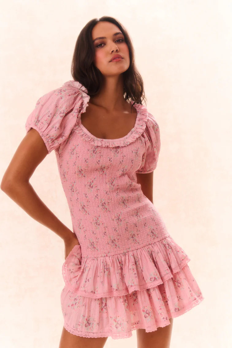 Violet Floral Cotton Smocked Drop Waist Mini Dress | LoveShackFancy