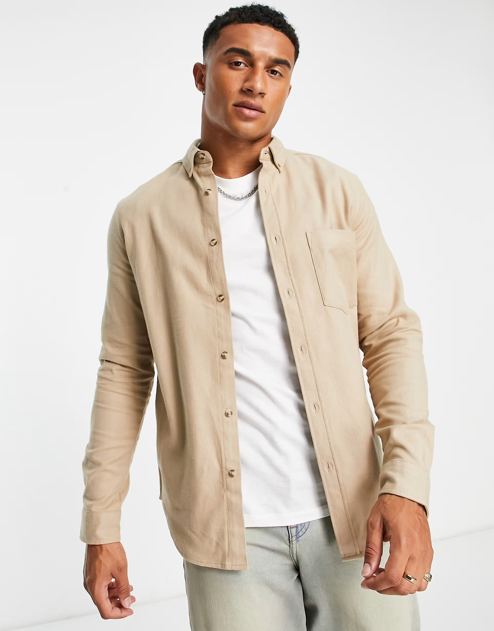 ASOS DESIGN brushed oxford shirt in neutral | ASOS (Global)