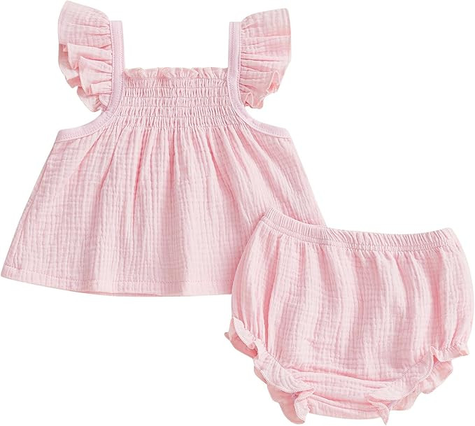Mubineo Baby Girl Summer Clothes Cute Basic Plain Cotton Linen Ruffle Tops Dress Shorts Outfits S... | Amazon (US)
