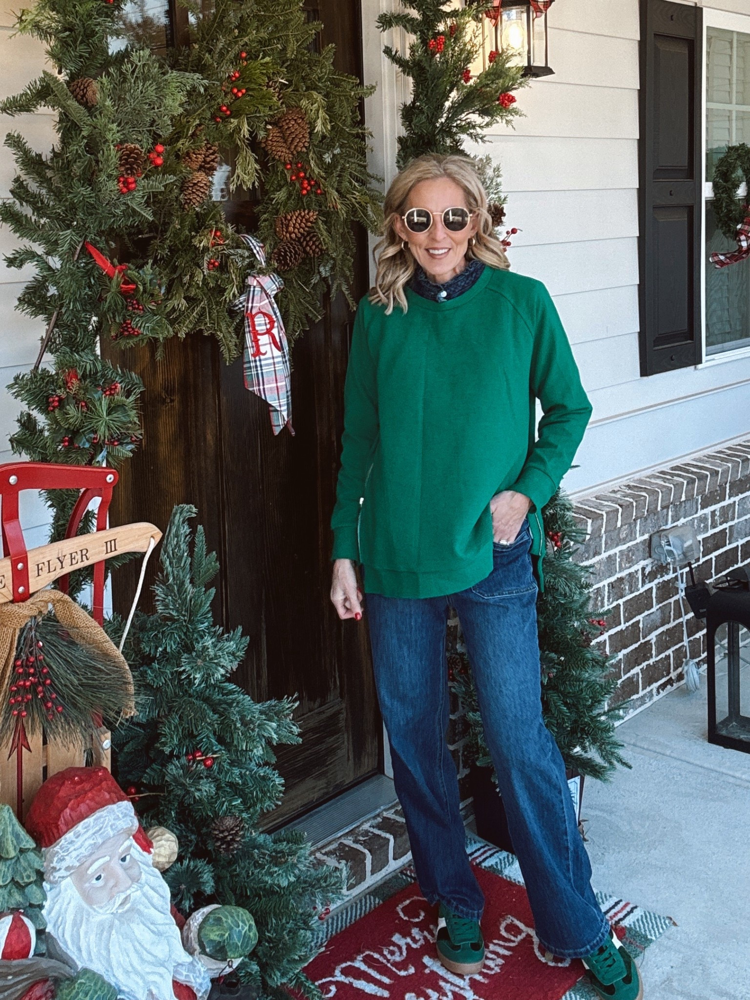 Holiday dressing, but make it real life festive.
From cozy Christmas knits to classic denim layers and a bow-front moment that feels straight out of a holiday movie 🎁❤️ These are the kinds of pieces you can wear all season long — mixing comfort, color, and just the right amount of cheer. Whether you’re running errands, heading to school or work, meeting friends for coffee, or dressing up for a holiday party, these outfits prove you don’t need a closet full of “one-time” looks to feel festive.
Every single piece is wearable, repeatable, and merry in the best way.
