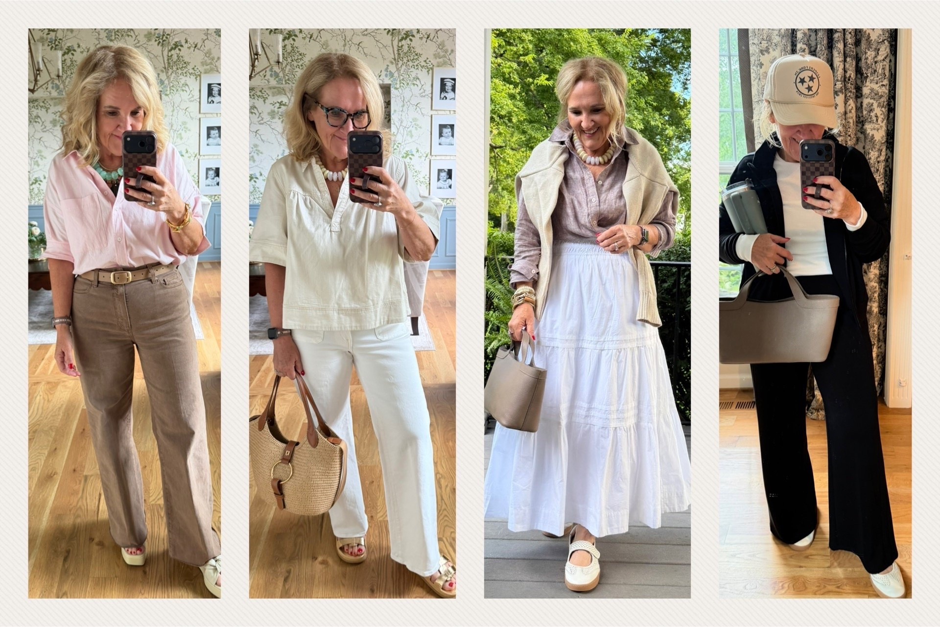 A few outfits from this week that I loved
Sizing below from left to right
Tan jeans, size 29
Pink Oxford size small
Ecru denim shirt, size medium
White jeans, size 29 short
White cotton skirt, size medium
Brown chambray, linen shirt, size medium
Tan cotton sweat sweater size medium
Spanx air, essentials, track, jacket, medium
Spanx air, essentials, track pants, medium petite

#LTKSaleAlert #LTKOver40 #LTKootd