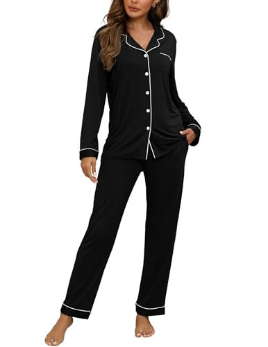 ZMJ Black Pajama Sets for Women 2 Piece Soft Pj Set Long Sleeve Nursing Pajama S | Amazon (US)