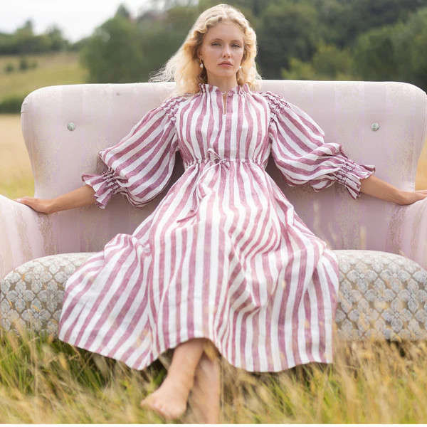 Aloha Wanderwell Dress Mulberry Stripes with Mulberry Tree Hand Smocking | Smock London