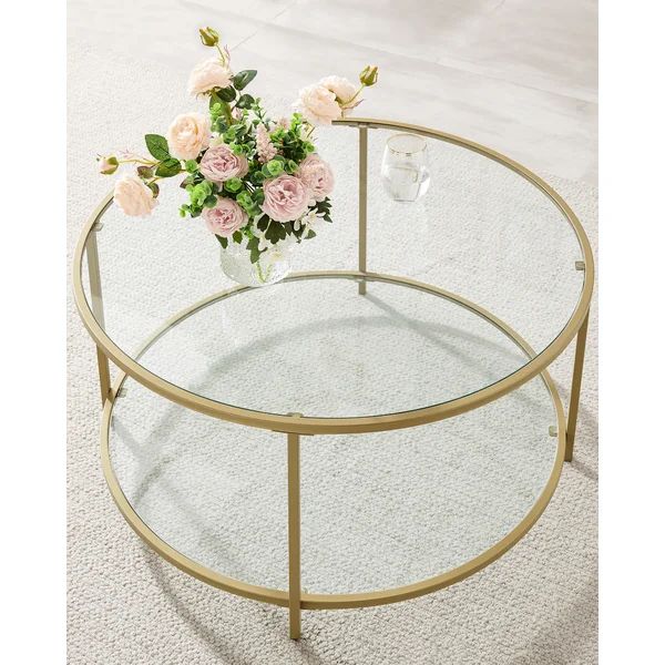 Sheehan Table With Shelf, Tempered Glass, Gold | Wayfair North America