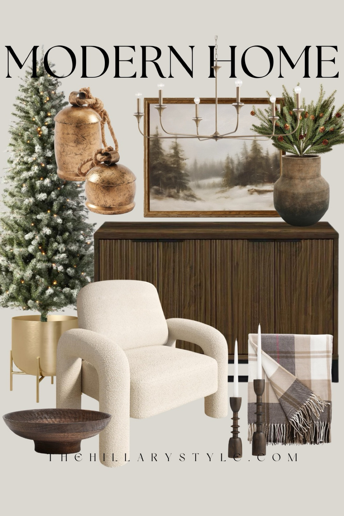 Modern Home: home decor and furniture finds for the holiday home. Wood console cabinet, teddy accent chair, faux tree, brass planter, framed holiday art, brass bell candles, wood bowl, ceramic vase, faux cedar stems, brass chandelier, plaid throw blanket, wood candle holder. Target, Amazon, Wayfair, Pottery Barn, H&M, Etsy, World Market.

#LTKSeasonal #LTKHoliday #LTKHome