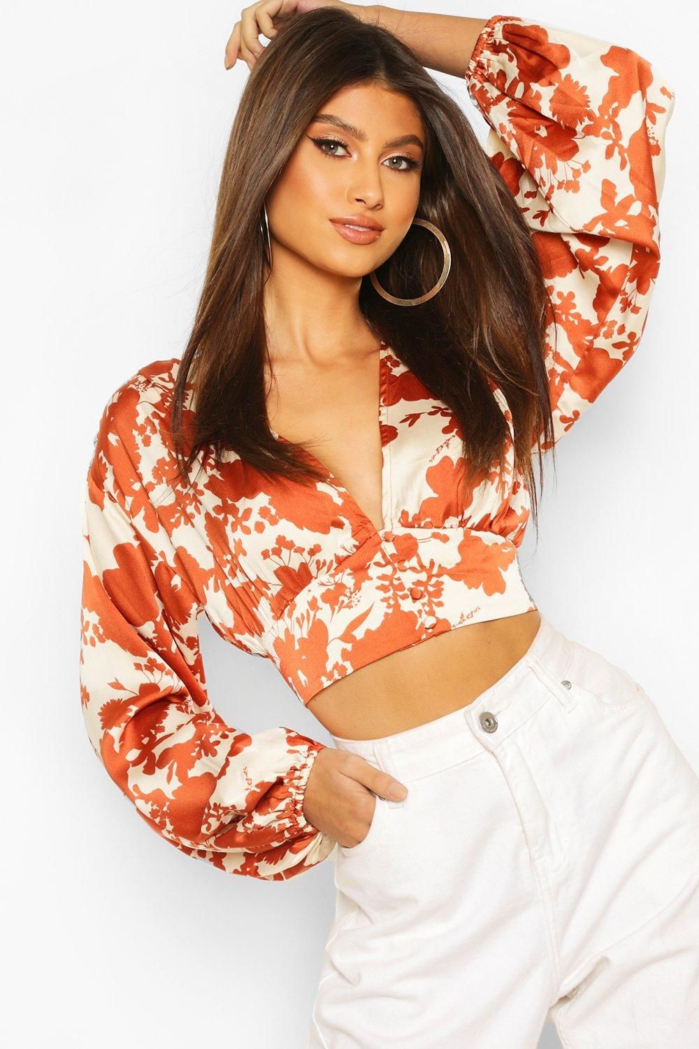 Womens Printed Satin Button Through Blouse - Orange - 8 | Boohoo.com (US & CA)