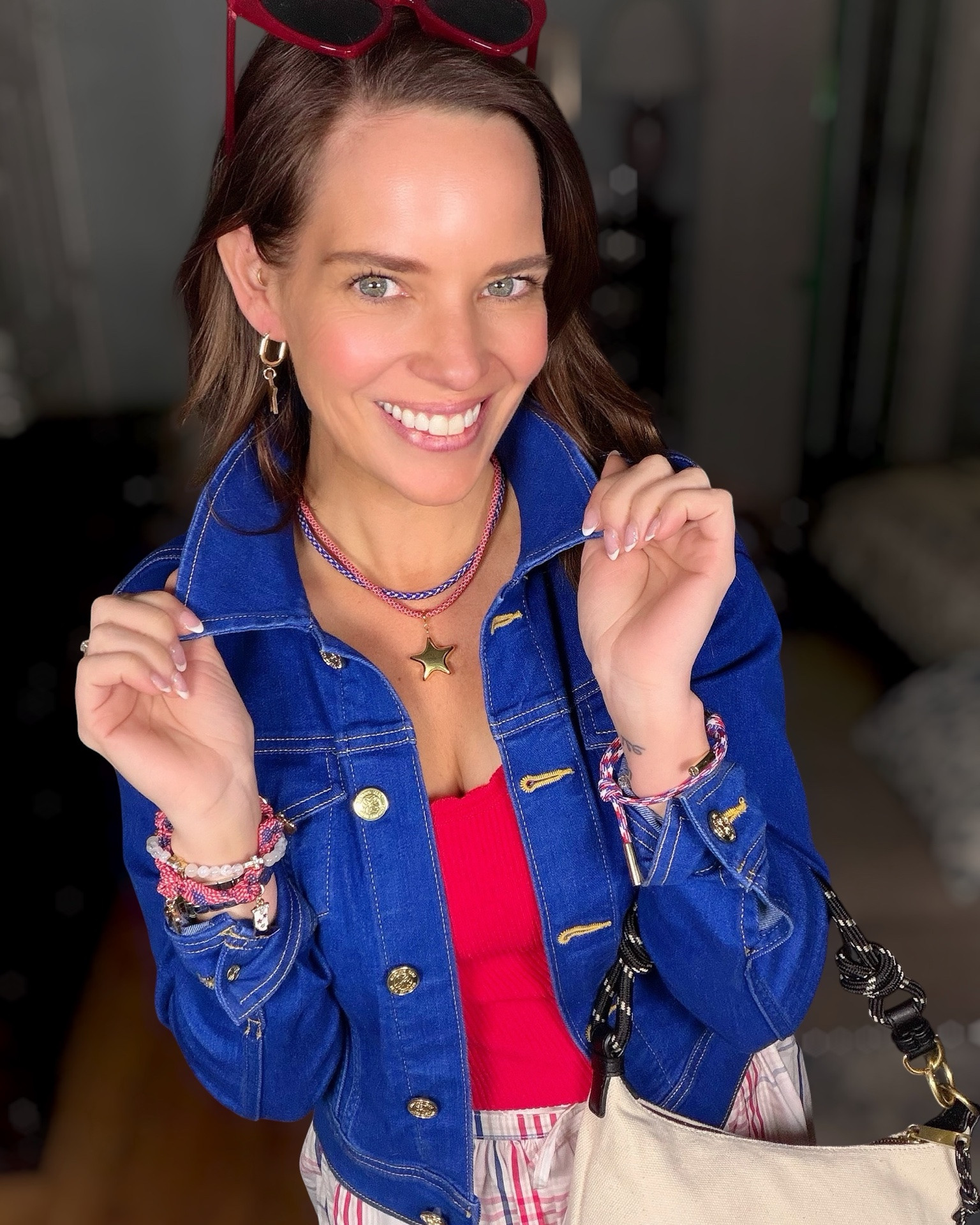 Patriotic Jewelry Stack ❤️⭐️💙 Star Charms, Cord Bracelets & Statement Earrings

Obsessed with these fun patriotic jewelry pieces for summer ❤️💙⭐️ Layered cord necklaces, star charm earrings, stacked bracelets, and the cutest red heart sunglasses make this outfit feel extra festive without being over the top! Paired everything with a bright blue denim jacket and plaid wide leg pants for an easy Americana-inspired look 🇺🇸✨

Perfect jewelry accessories for Memorial Day, Fourth of July outfits, summer concerts, BBQs, parades, and patriotic party looks ❤️🤍💙

patriotic jewelry, Americana accessories, Fourth of July outfit, star jewelry, layered necklaces, cord necklace, charm jewelry, red white and blue accessories, statement earrings, summer jewelry stack, patriotic bracelets, festive summer outfit, preppy patriotic style ✨

#LTKSeasonal #LTKWorkwear #LTKootd