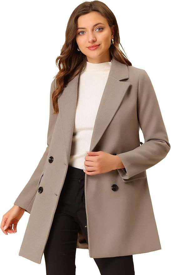 Allegra K Women's Notch Lapel Double Breasted Belted Mid Long Outwear Winter Coat | Amazon (US)