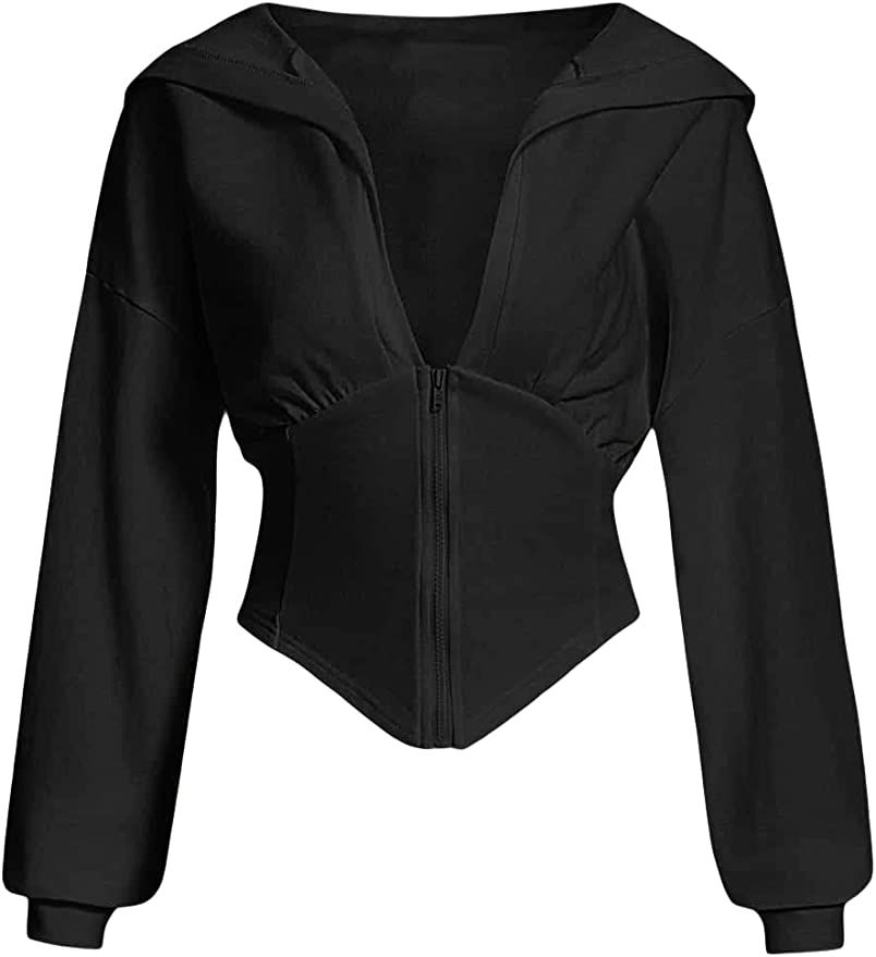 Verdusa Women's Zip Up Long Sleeve Asymmetrical Crop Hoodie Sweatshirt Top | Amazon (US)