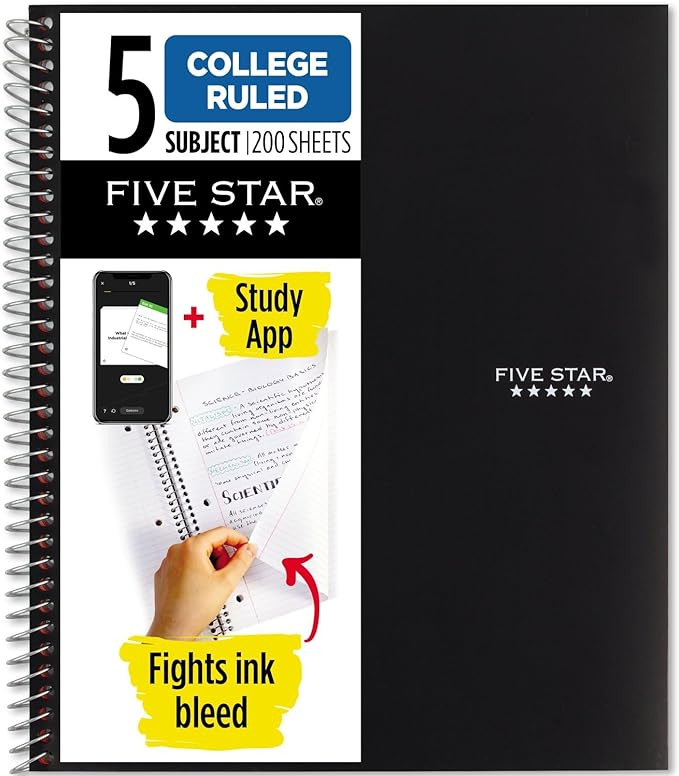 Five Star Spiral Notebook + Study App, 5 Subject, College Ruled Paper, Fights Ink Bleed, Water Re... | Amazon (US)