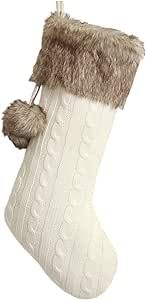 Gireshome Ivory Cable Knitted Body, Faux Fur Cuff with Faux Fur Fluffy Pompom Ball Christmas Stoc... | Amazon (US)