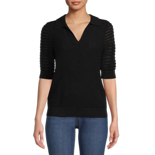 Time and Tru Women's Elbow Sleeve Polo Sweater, Midweight | Walmart (US)