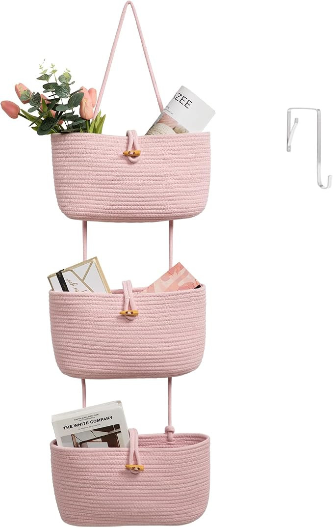 Over the Door Hanging Baskets with Button Strap, 3-Tier Woven Cotton Storage Organizer Bag, Wall-... | Amazon (US)