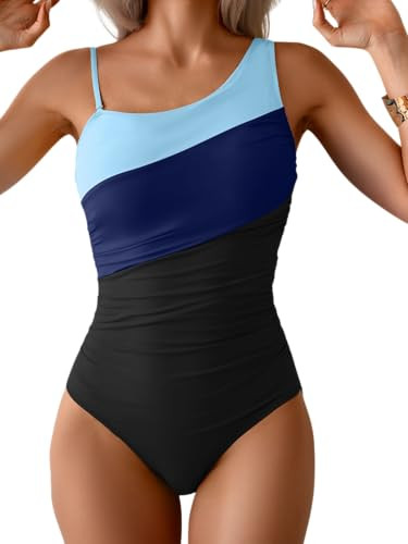 Aidonger One Shoulder One Piece Swimsuit for Women Tummy Control Bathing Suits Color Block Ruched... | Amazon (US)