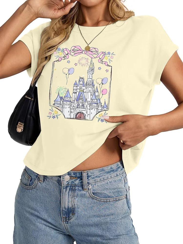 Magical Shirts for Women Magic Kingdom Crop Tops Funny Graphic Tshirt Casual Cap Sleeve Shirt Fam... | Amazon (US)