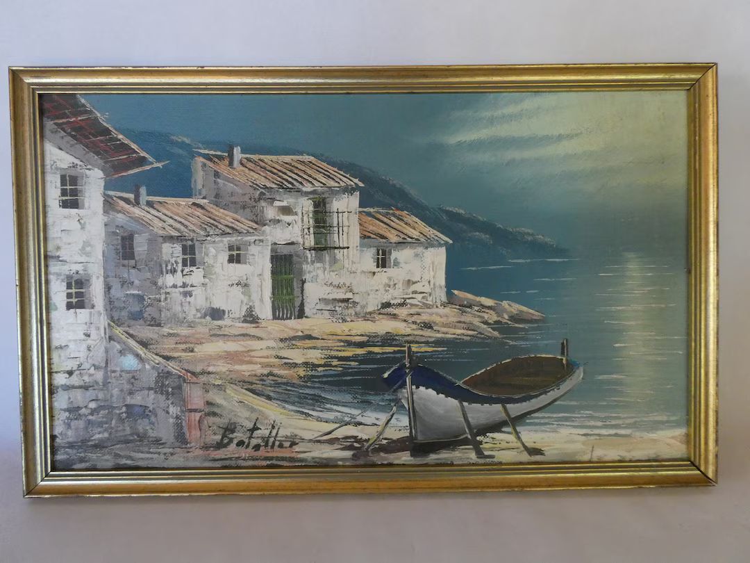 Vintage Mid Century Framed Oil Painting on Canvas by Painter Batalla of Sea or Lake Scape 0224019... | Etsy (US)