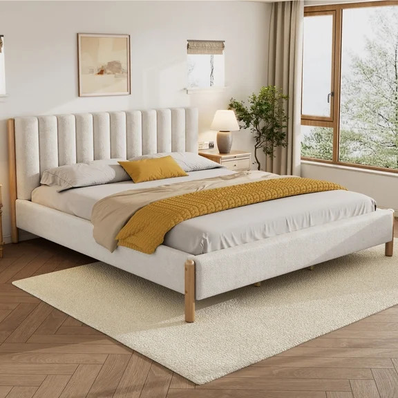 Amolife Queen Size Velvet Upholstered Bed with Wingback Headboard, Off-white | Walmart (US)