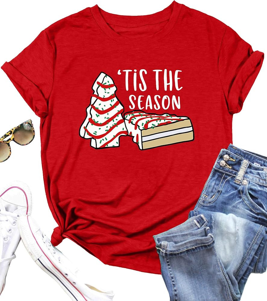 Women Christmas Shirt Xmas Tree Cakes Graphic Tee Tis The Season Shirt Xmas Short Sleeve Holiday ... | Amazon (US)