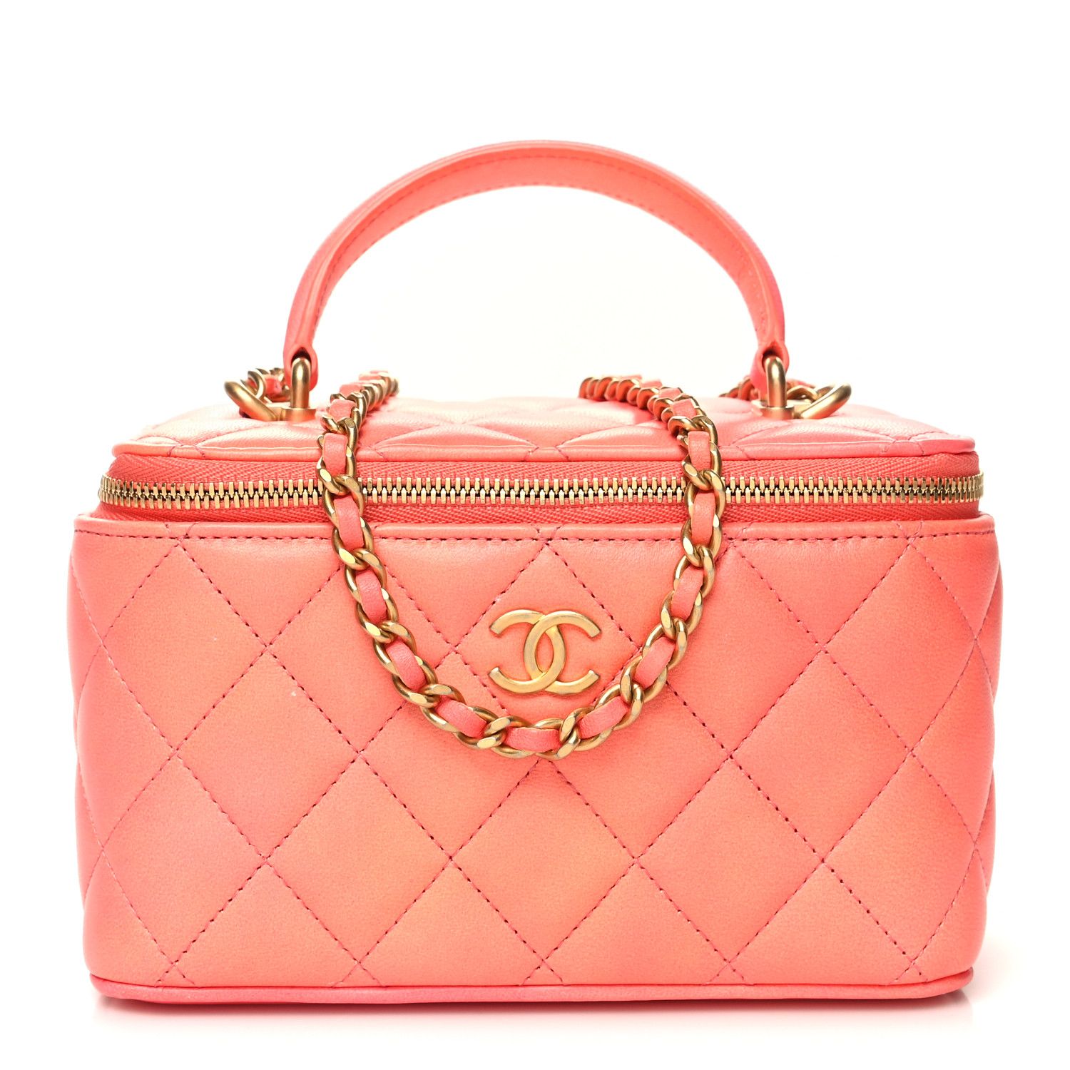 Lambskin Quilted Ombre Small Top Handle Vanity Case With Chain Coral | FASHIONPHILE (US)