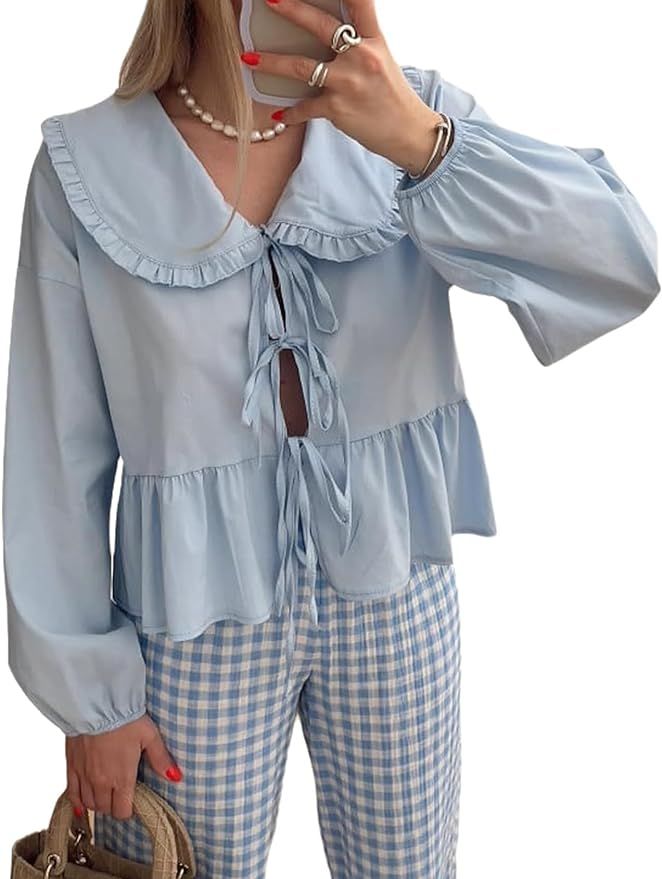 Gihuo Women's Lapel Doll Collar Y2K Blouse Cute Tie Front Babydoll Tops Ruffle Hem Puff Long Slee... | Amazon (US)