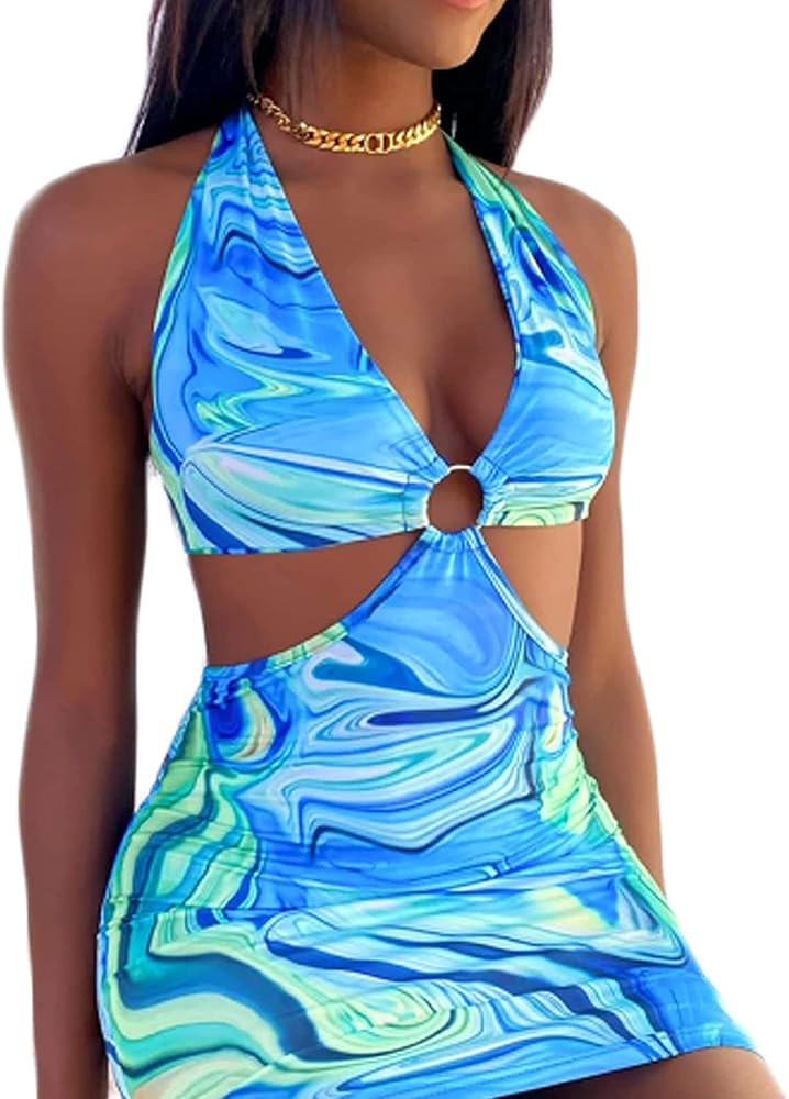 Kaipiclos Womens Y2K Sexy Tie Dye Halterneck Mini Dress V-Neck Sleeveless Backless Bodycon Dress Sum | Amazon (US)