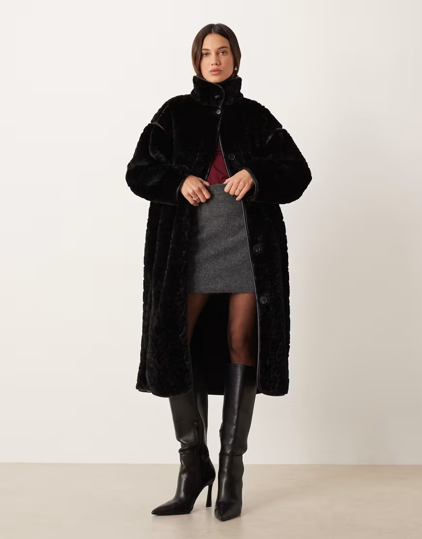 Gina Tricot faux fur bonded midi coat in black | ASOS (Global)