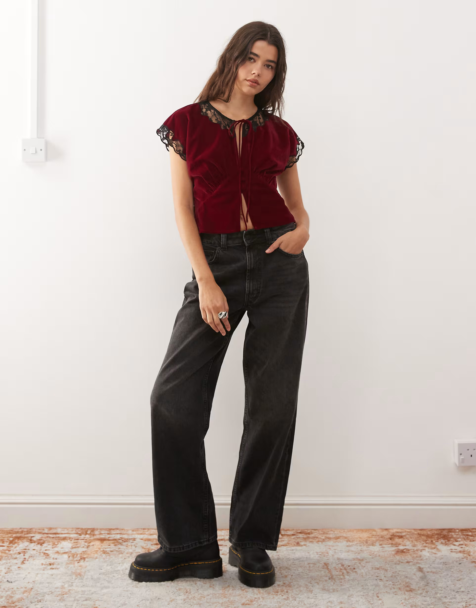 Reclaimed Vintage tea top with inserted lace in burgundy velvet | ASOS (Global)