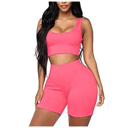 Women Solid Color Sports Yoga Suit Rose Red XXL Women Workout Sets Seamless Ribbed Crop Tank High Wa | Walmart (US)