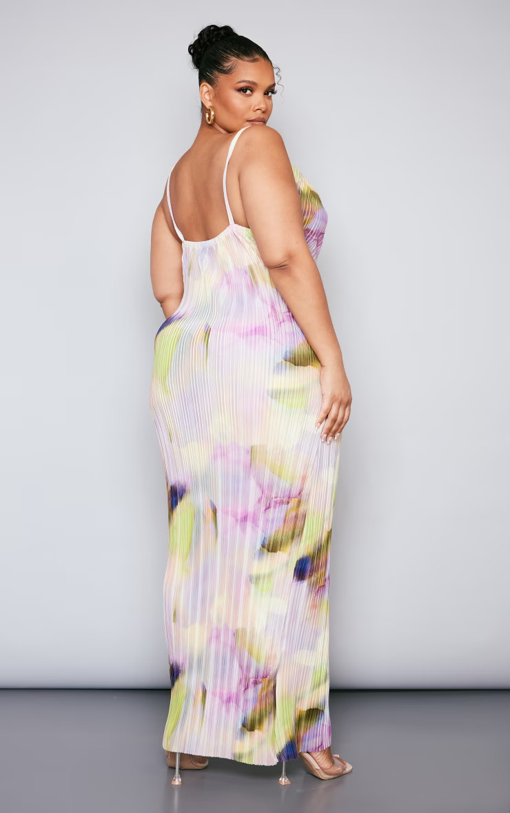 Plus Lilac Watercolour Printed Plisse Cowl Neck Maxi Dress | PrettyLittleThing US