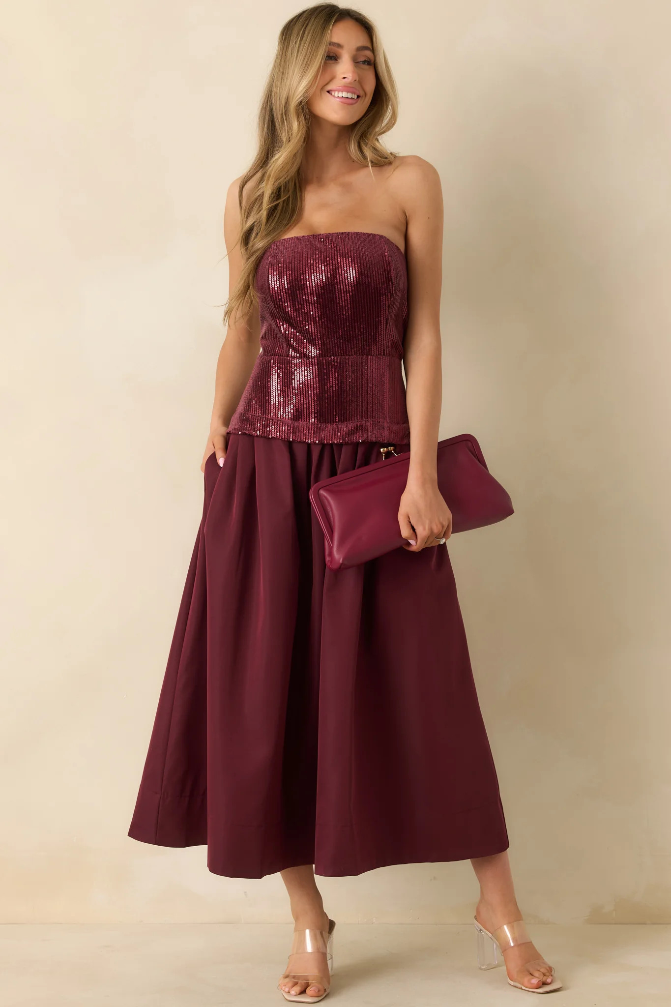 Sips & Sparkles Wine Red Sequin Strapless Midi Dress | Red Dress
