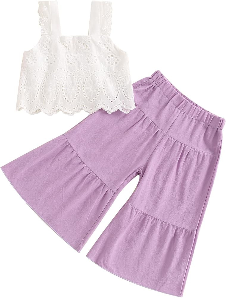 2PCS Baby Girl Sleeveless Strap Lace Crop Vest Tops + Wide-Leg Capris Flared Pants Summer Outfits... | Amazon (US)