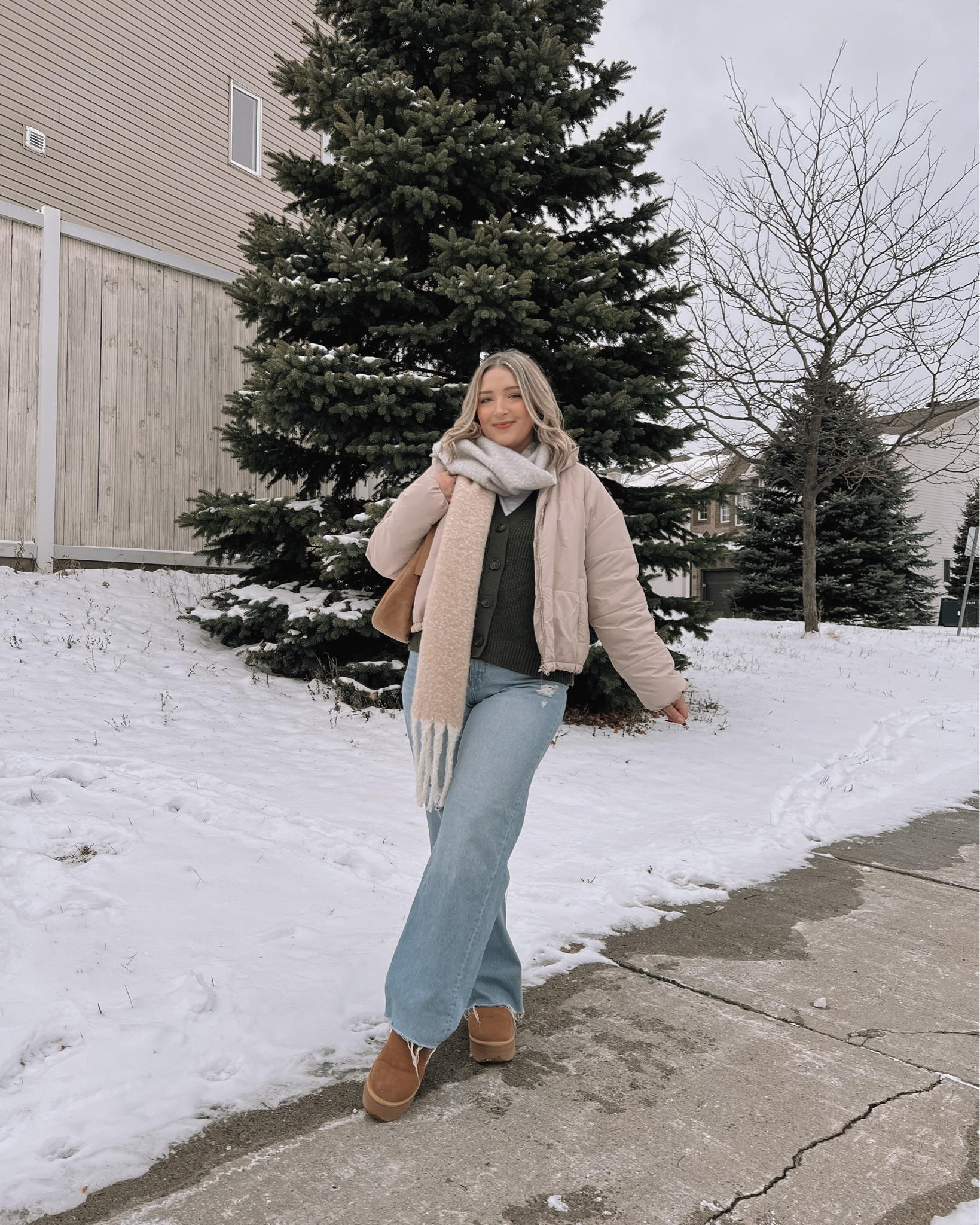 Casual winter outfit - wearing my usual size L in the beige Amazon puffer jacket and the green cardigan. Wearing 12 in the baggy wide leg jeans. My Ugg ultra mini look for less boots are from Amazon & holding up so well. I’m usually a 9.5-10 and wear a 10 in these.


#LTKwinter #LTKcanada #LTKmidsize