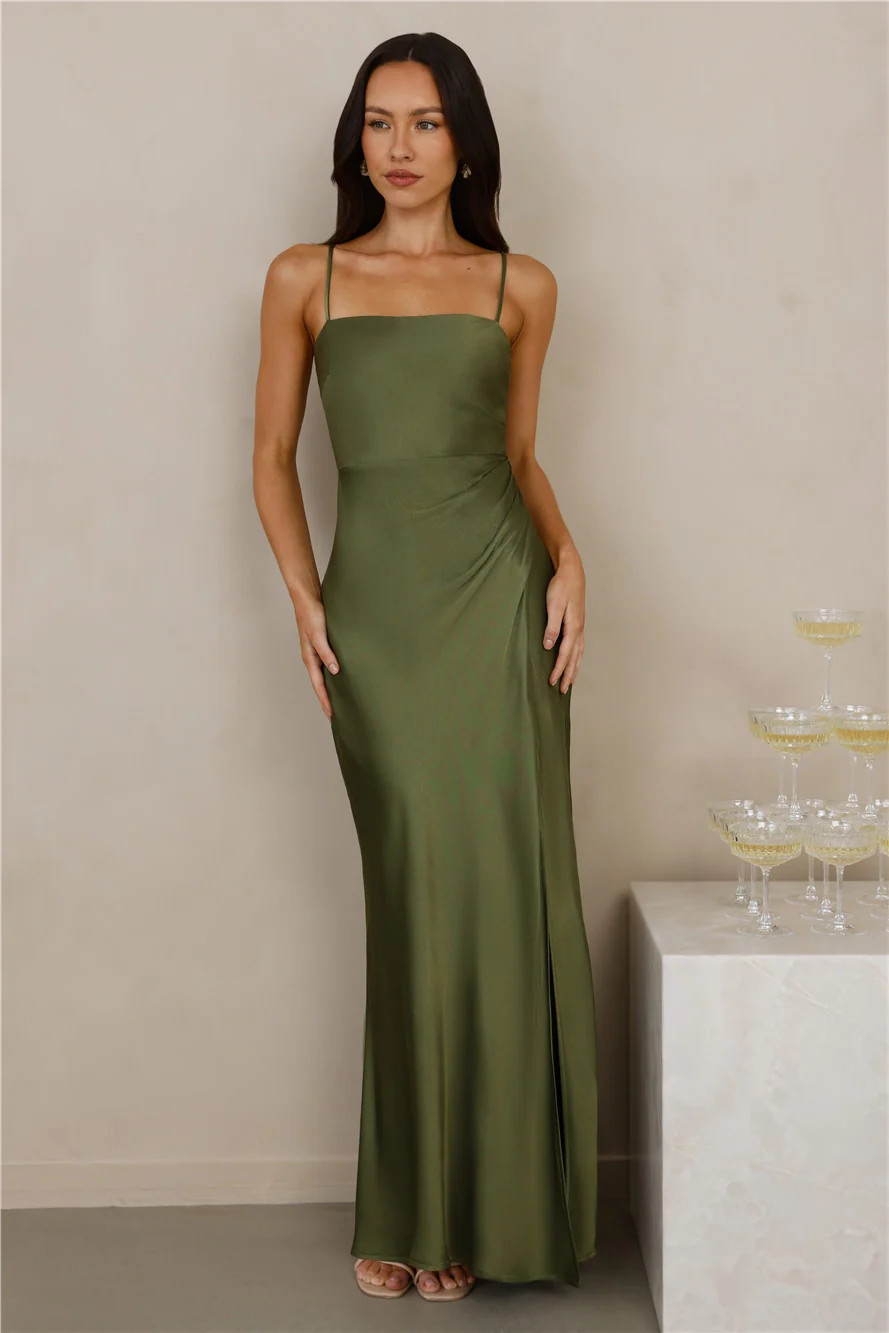 The Violetta Satin Maxi Dress Olive | Hello Molly (US)