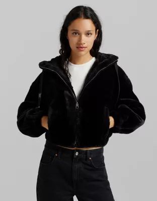 Bershka faux fur hooded jacket in black | ASOS (Global)