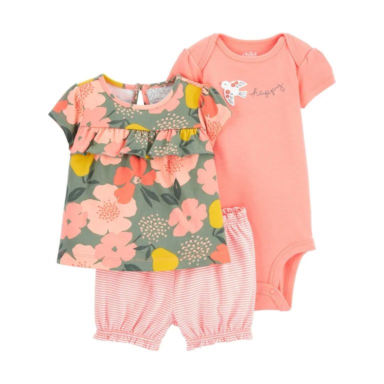 Child of Mine by Carter's Baby Girl Outfit Short Sleeve Bodysuit, Ruffle Top & Short, 3-Piece Set... | Walmart (US)